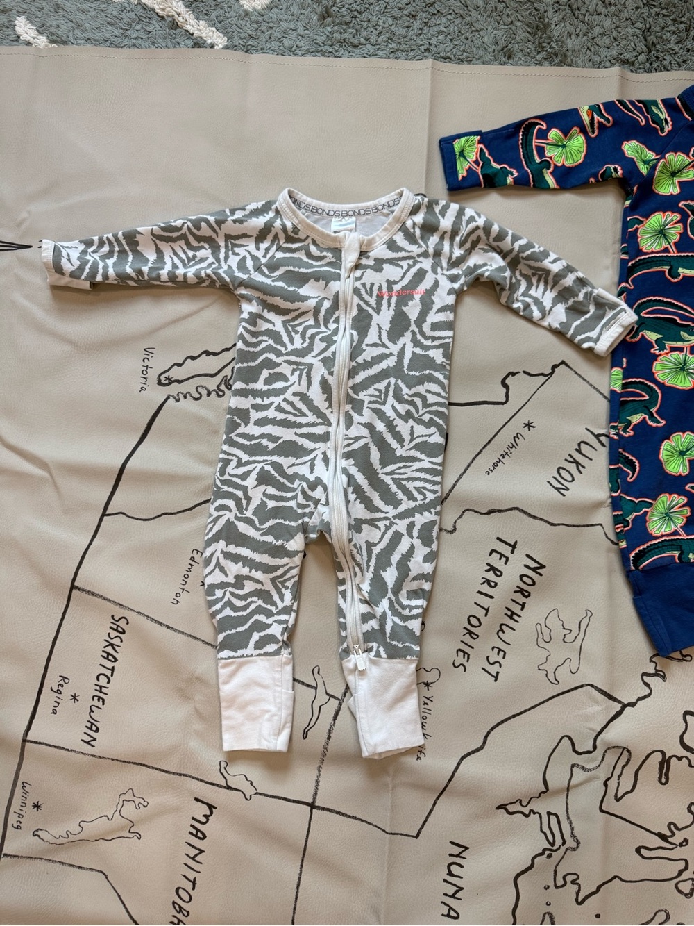 Bonds Zip Wondersuit Gray and White Zebra-Print Footie